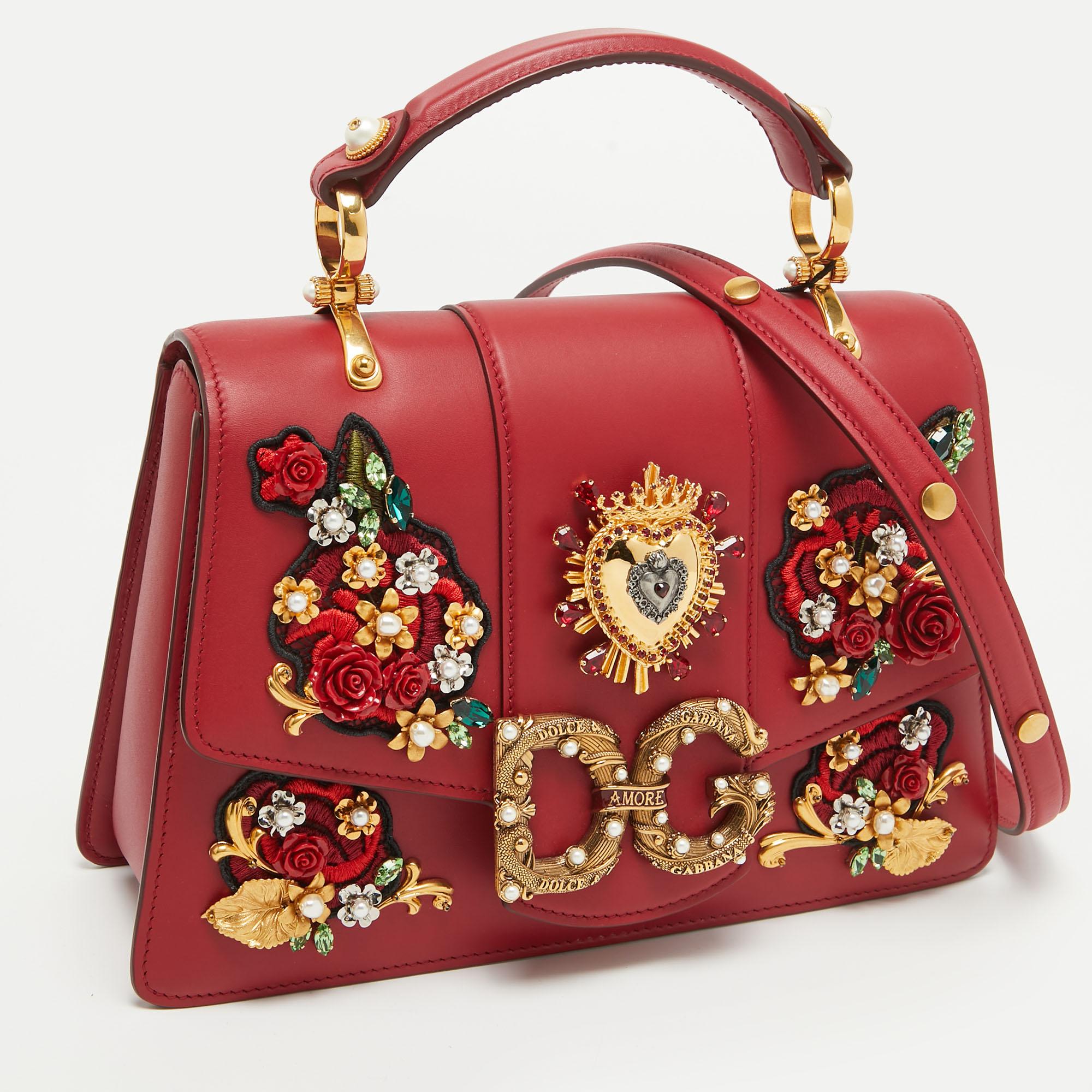 Dolce & Gabbana Red Leather DG Amore Crystals Top Handle Bag In Excellent Condition For Sale In Dubai, Al Qouz 2