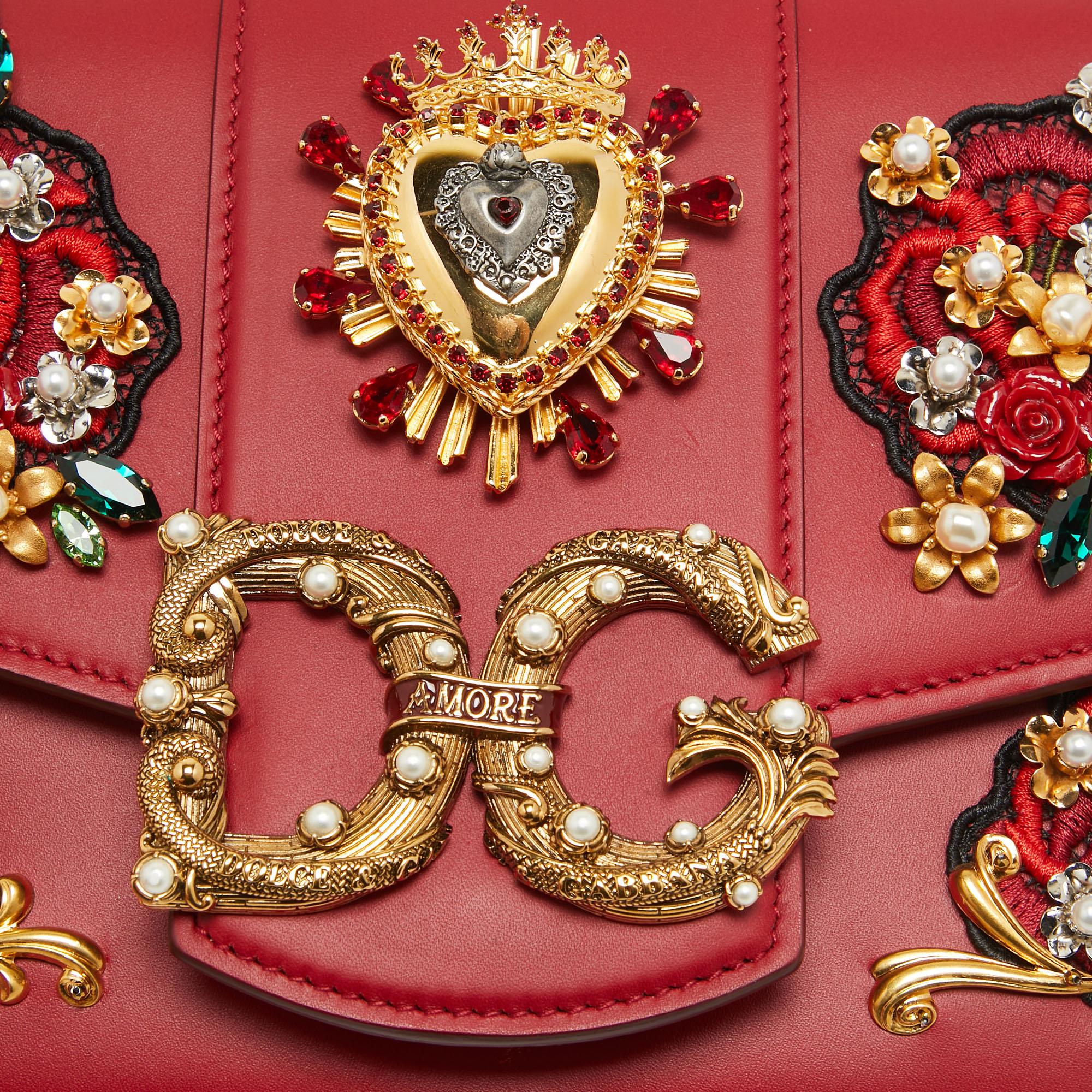 Dolce & Gabbana Red Leather DG Amore Crystals Top Handle Bag For Sale 3
