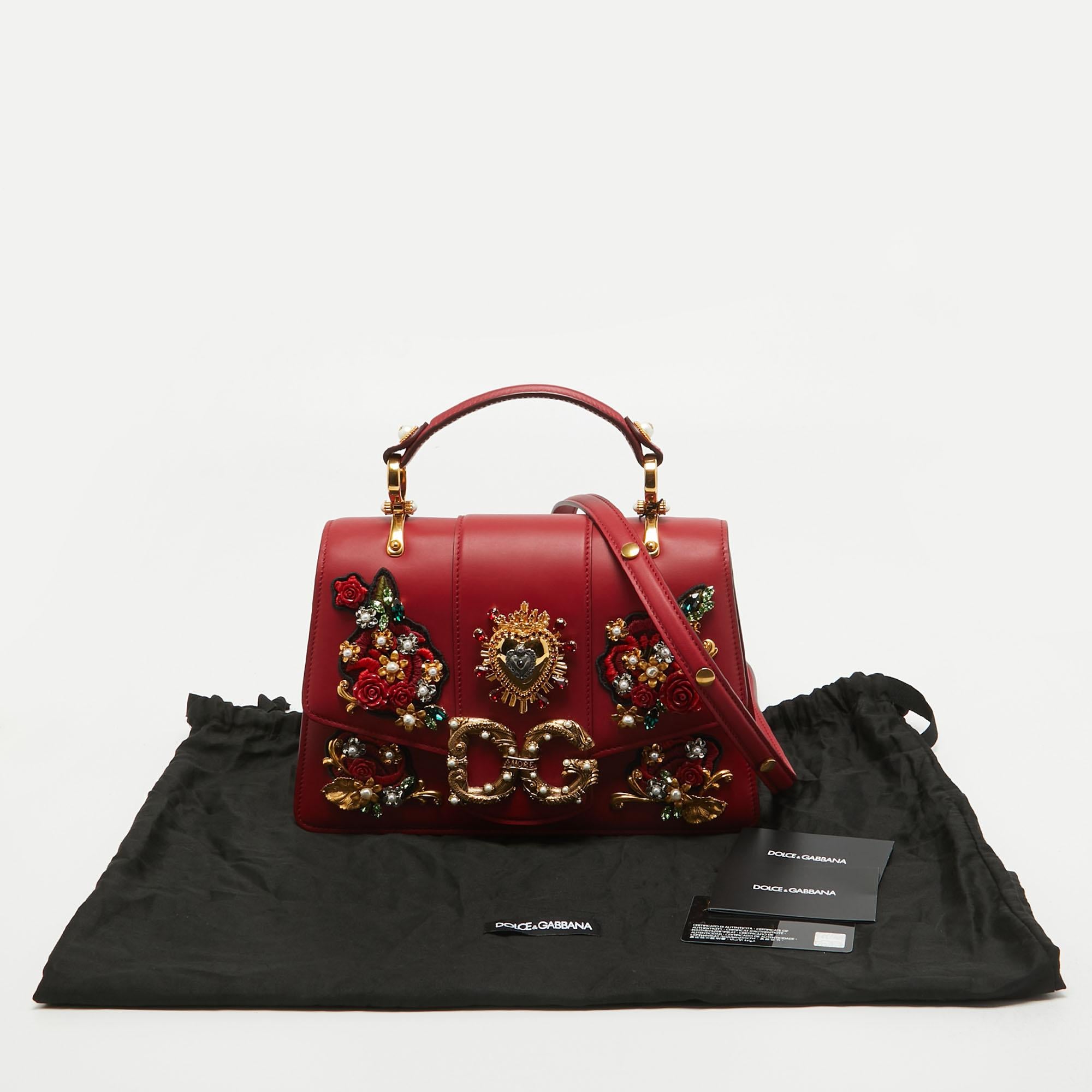Dolce & Gabbana Red Leather DG Amore Crystals Top Handle Bag For Sale 5