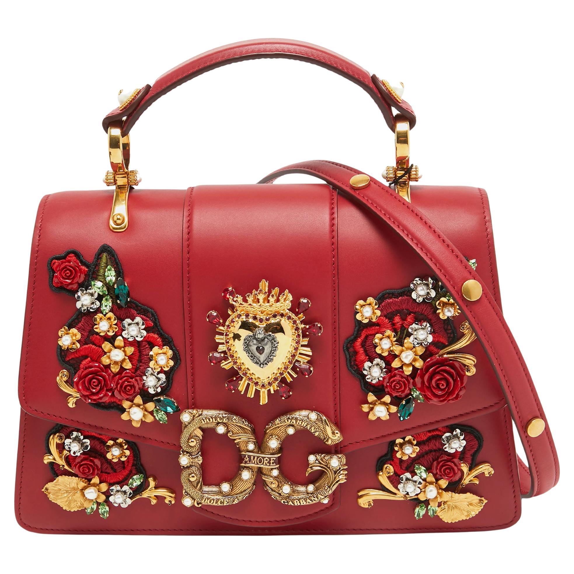 Dolce & Gabbana Red Leather DG Amore Crystals Top Handle Bag For Sale