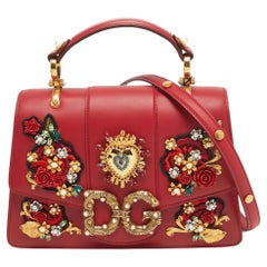 Dolce & Gabbana Red Leather DG Amore Crystals Top Handle Bag