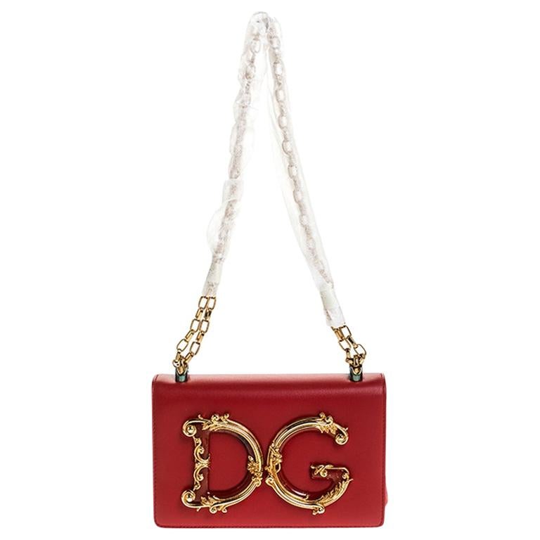 Dolce and Gabbana Red Leather DG Girls Chain Shoulder Bag For Sale 