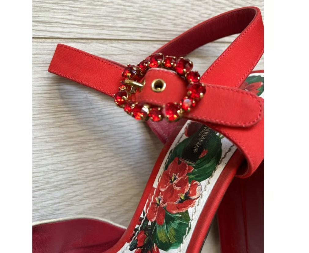 Women's Dolce & Gabbana Red Leather Floral Pumps Heels Wedge Sandals Shoes DG Crystals