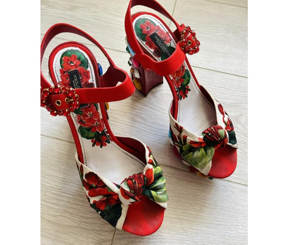 Dolce & Gabbana Red Leather Floral Pumps Heels Wedge Sandals Shoes DG Crystals 1