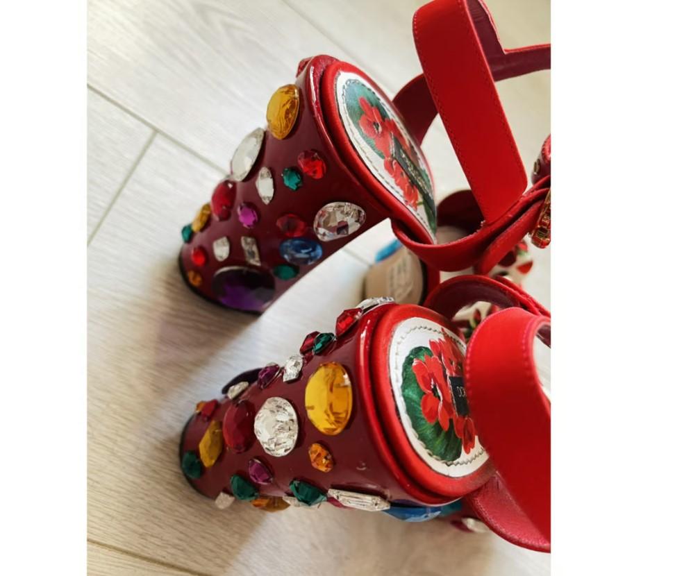 Dolce & Gabbana Red Leather Floral Pumps Heels Wedge Sandals Shoes DG Crystals 2