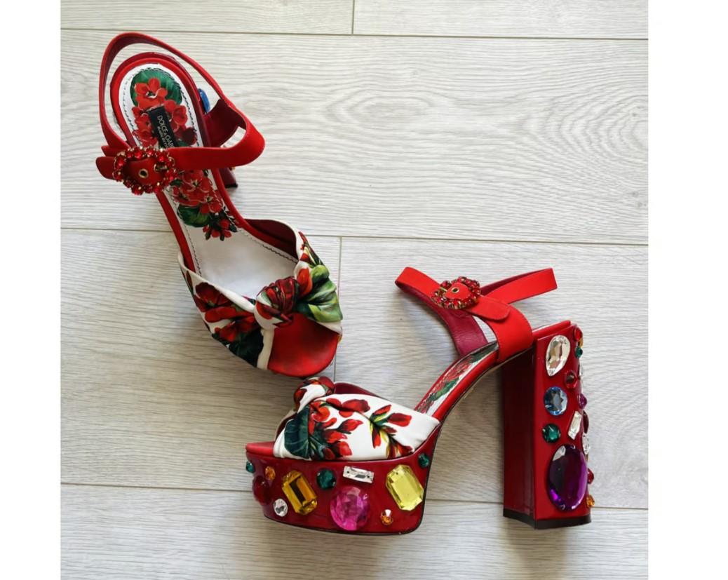 Dolce & Gabbana Red Leather Floral Pumps Heels Wedge Sandals Shoes DG Crystals 3