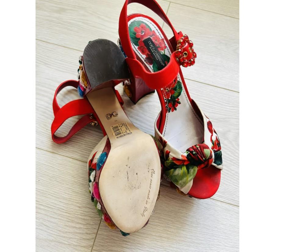 Dolce & Gabbana Red Leather Floral Pumps Heels Wedge Sandals Shoes DG Crystals 4