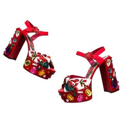 Dolce & Gabbana Red Leather Floral Pumps Heels Wedge Sandals Shoes DG Crystals