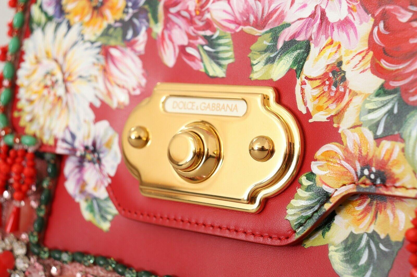 Brown Dolce & Gabbana Red Leather Floral Welcome Handbag Shoulder Bag Top Handle DG