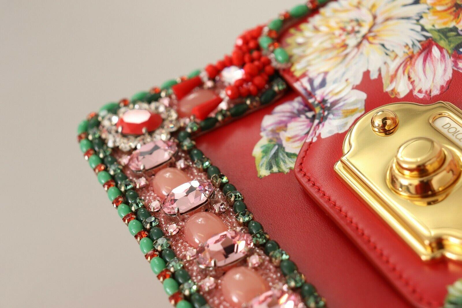 Women's Dolce & Gabbana Red Leather Floral Welcome Handbag Shoulder Bag Top Handle DG