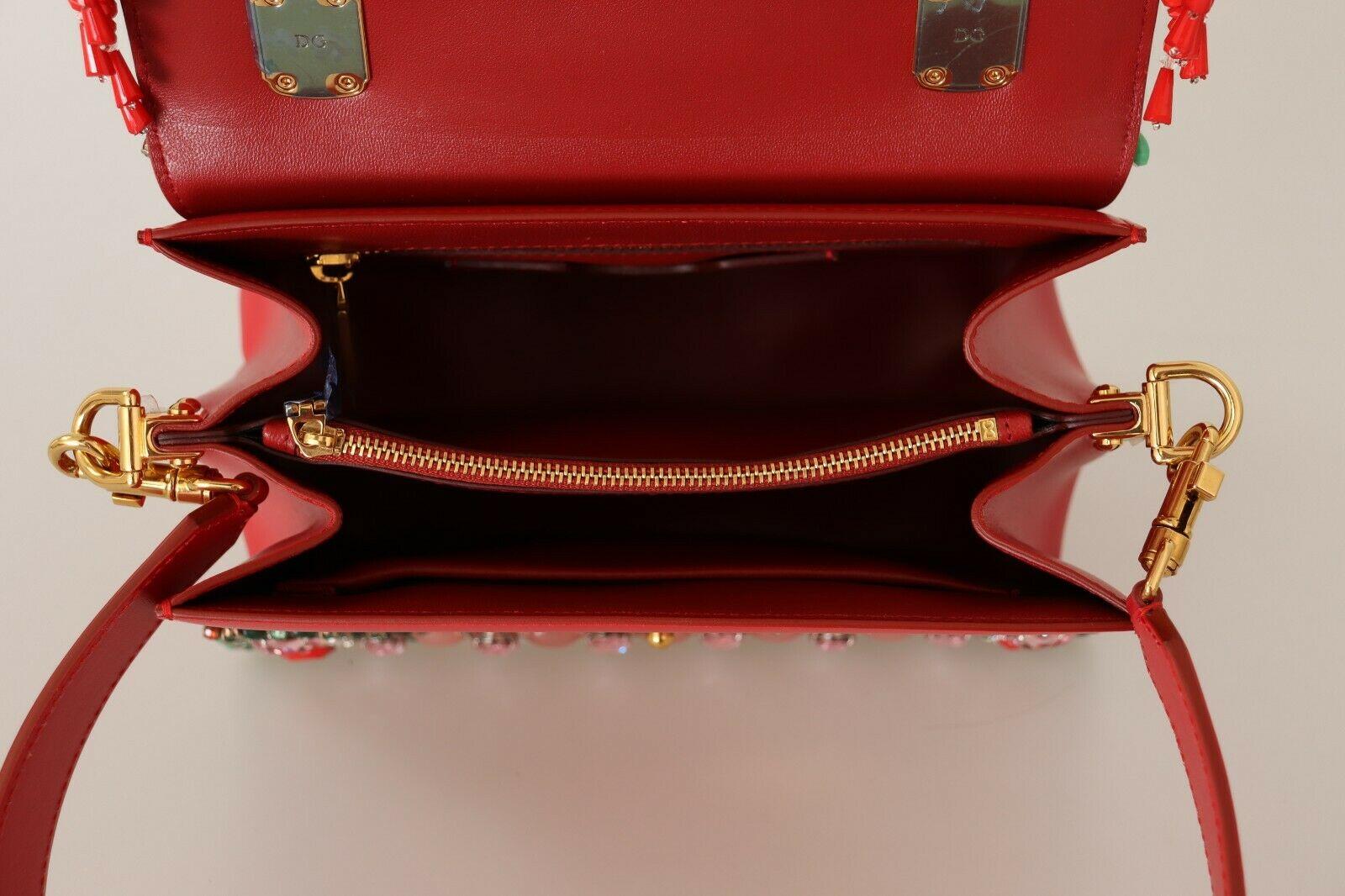 Dolce & Gabbana Red Leather Floral Welcome Handbag Shoulder Bag Top Handle DG 1