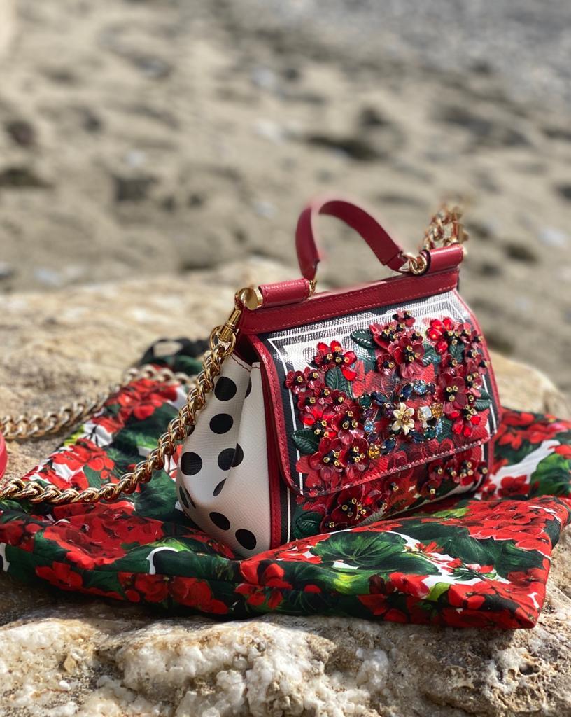 Brown Dolce & Gabbana Red Leather Geranium Sicily Handbag Shoulder Bag Floral DG