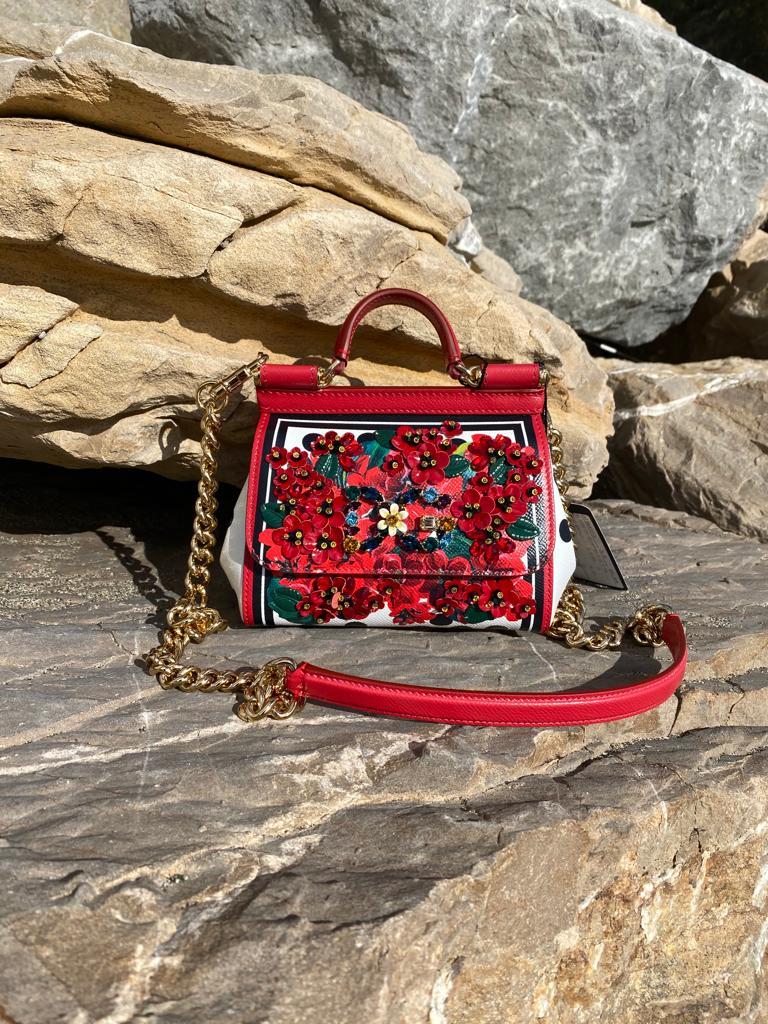 Dolce & Gabbana Red Leather Geranium Sicily Handbag Shoulder Bag Floral DG In New Condition In WELWYN, GB