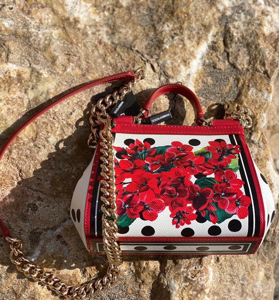 Women's Dolce & Gabbana Red Leather Geranium Sicily Handbag Shoulder Bag Floral DG