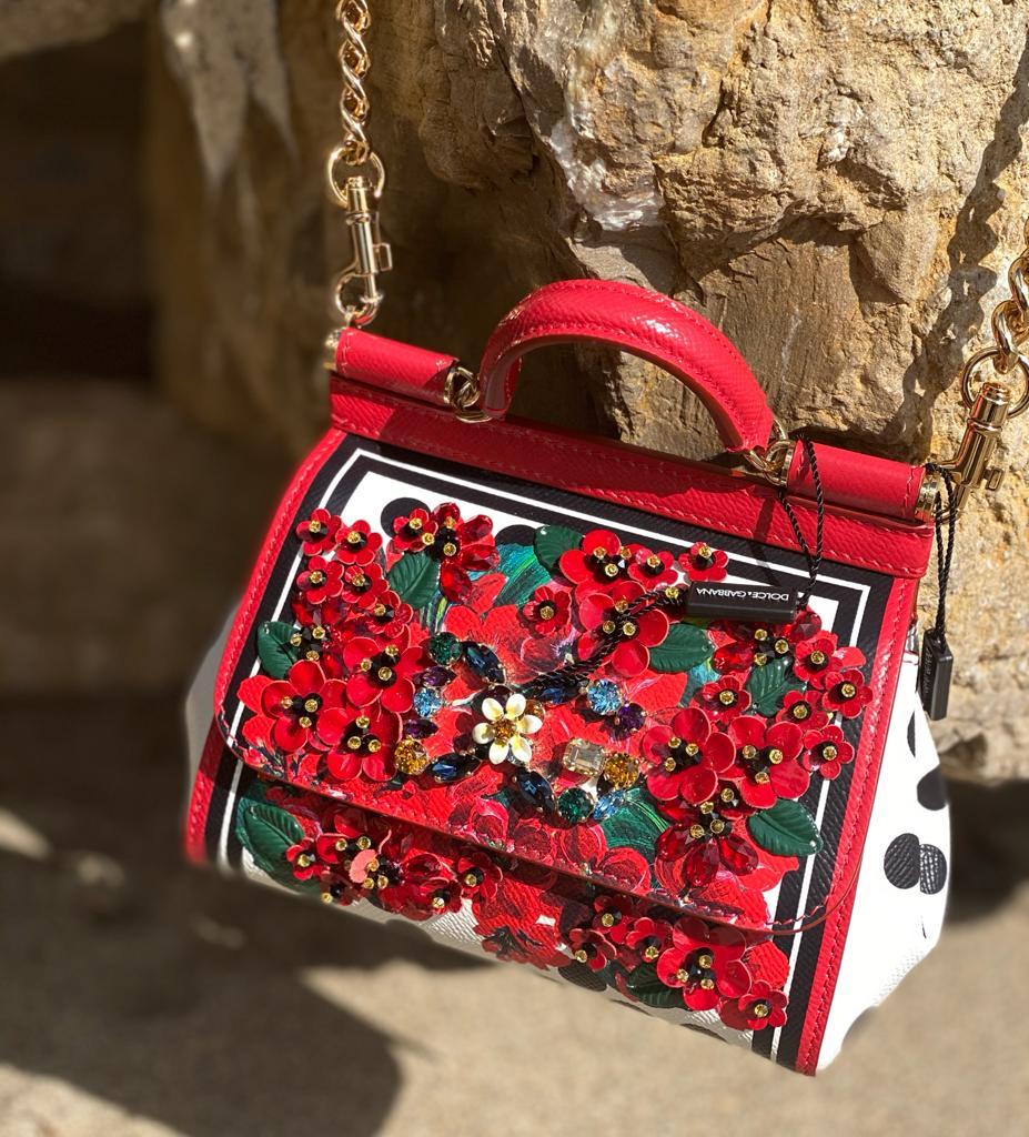 Dolce & Gabbana Red Leather Geranium Sicily Handbag Shoulder Bag Floral DG 1