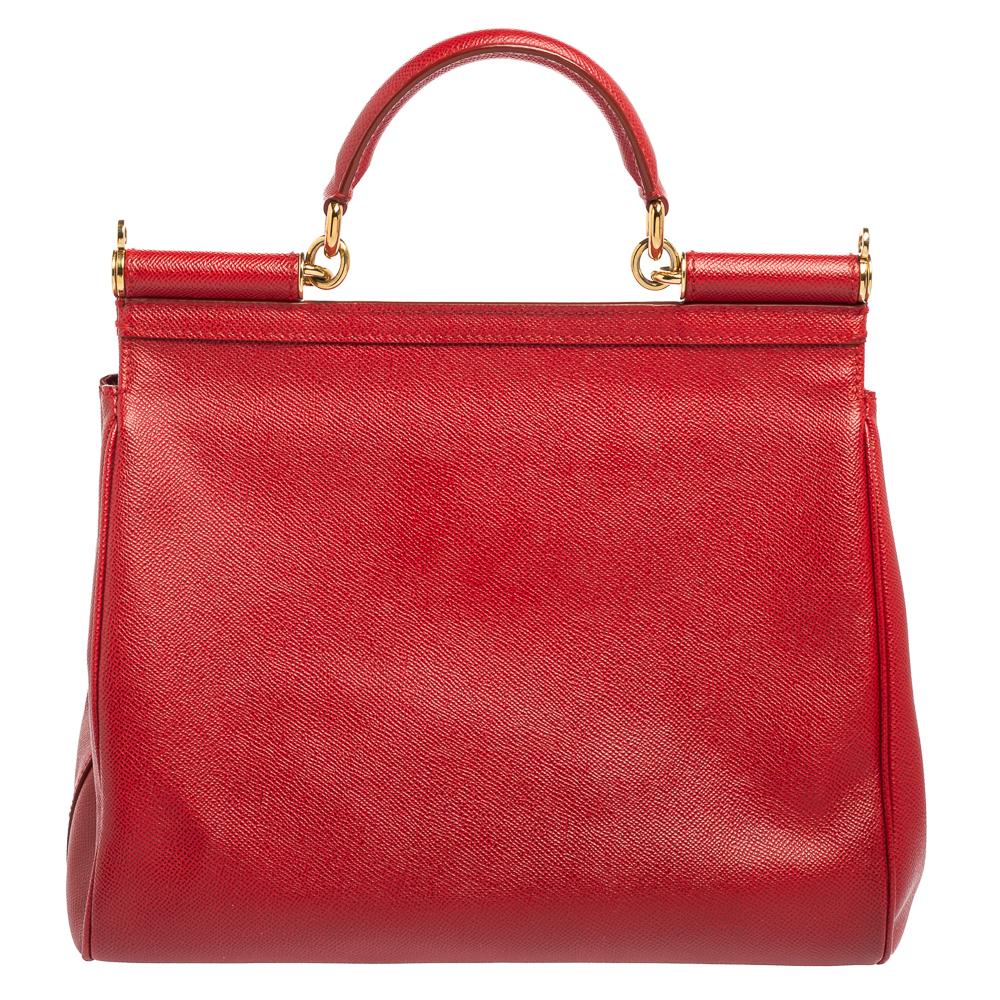 Dolce & Gabbana Red Leather Large Miss Sicily Top Handle Bag In Good Condition In Dubai, Al Qouz 2
