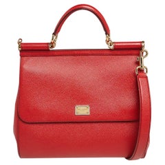 Dolce & Gabbana Red Leather Large Miss Sicily Top Handle Bag