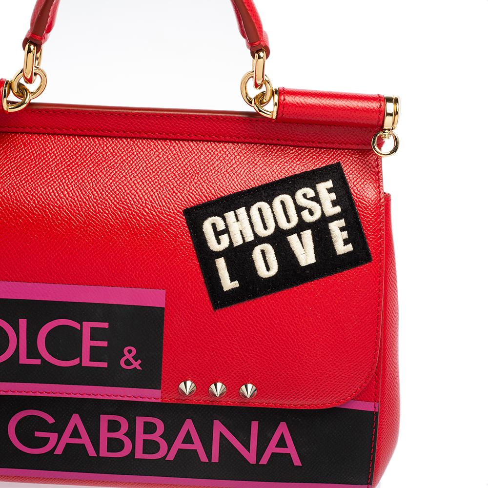Women's Dolce & Gabbana Red Leather Medium Miss Sicily Choose Love Top Handle Bag