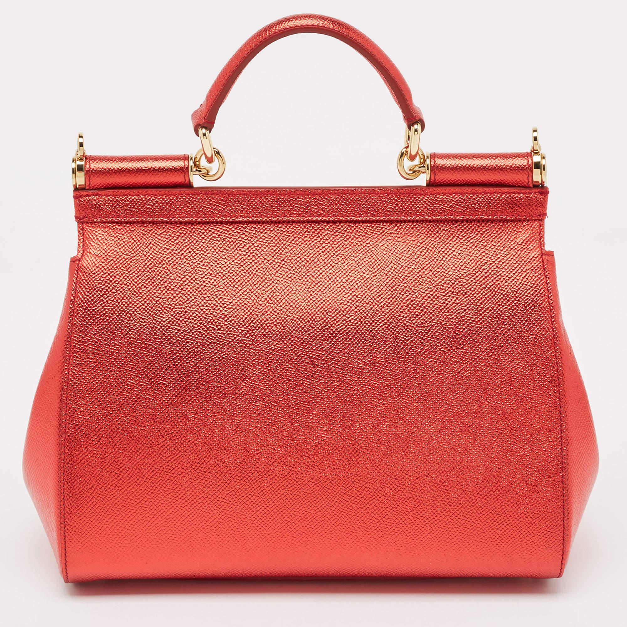 Dolce & Gabbana Red Leather Medium Miss Sicily Top Handle Bag 3