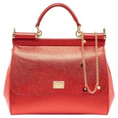 Dolce & Gabbana Red Leather Medium Miss Sicily Top Handle Bag