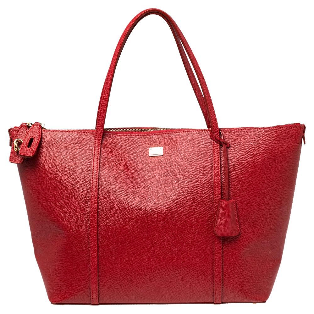 Dolce & Gabbana Red Leather Miss Escape Top Zip Shopper Tote