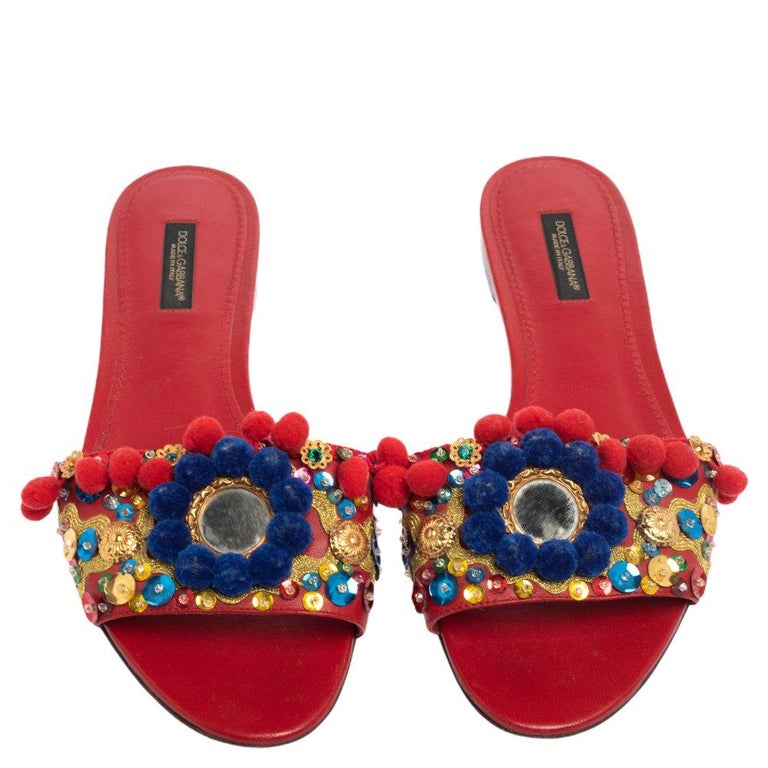 Dolce and Gabbana Red Leather Pom Pom And Mirror Embellished Flat