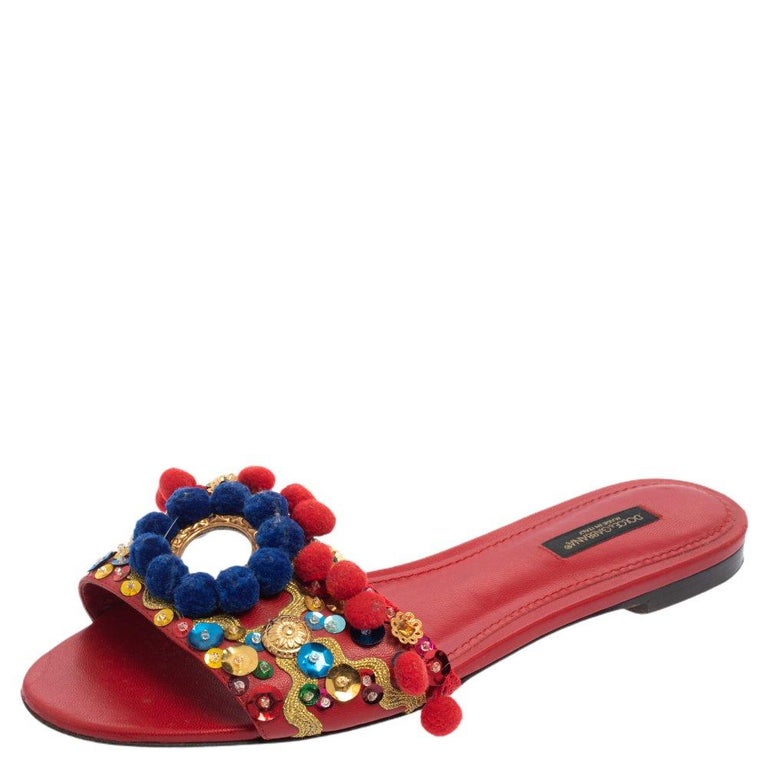 Dolce and Gabbana Red Leather Pom Pom And Mirror Embellished Flat Sandals  Size 38 at 1stDibs