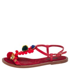 Dolce & Gabbana Red Leather Pom Pom Embellished Flat Sandals Size 38