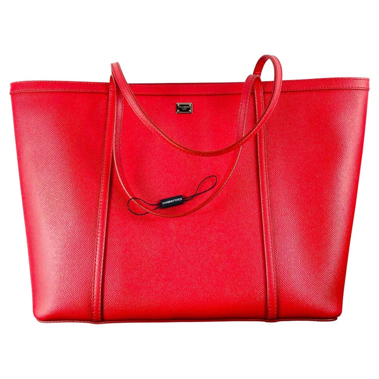 Dolce and Gabbana Red Leather Shopping Tote Bag Top Handle Handbag Gold