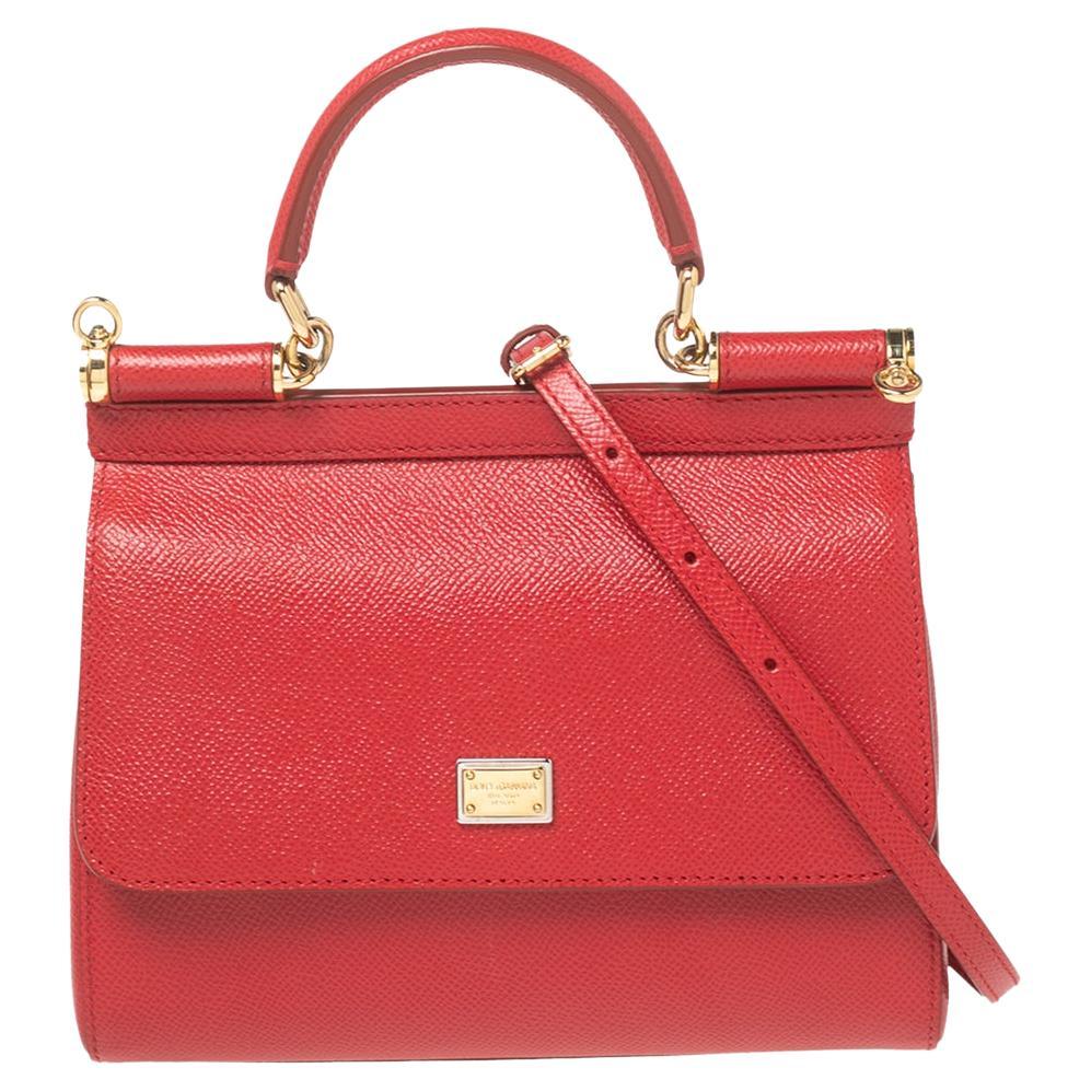 Dolce and Gabbana Red Leather Small Miss Sicily Top Handle Bag For Sale
