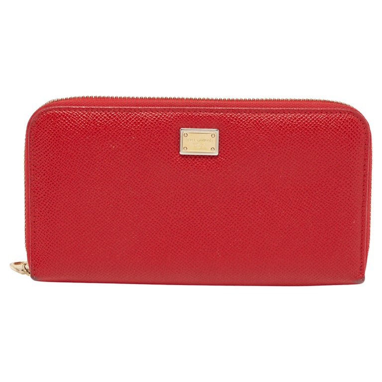 Dolce & Gabbana Red Leather Logo Zip Around Card Holder Wide Strap Wallet