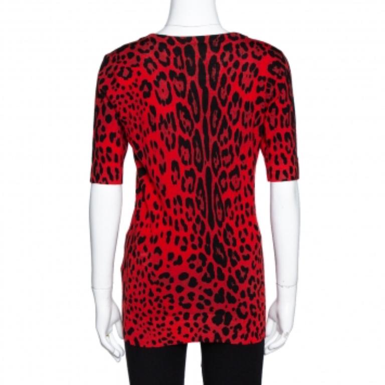 Dolce & Gabbana Red Leopard Pattern Wool Knit Jumper M For Sale 3