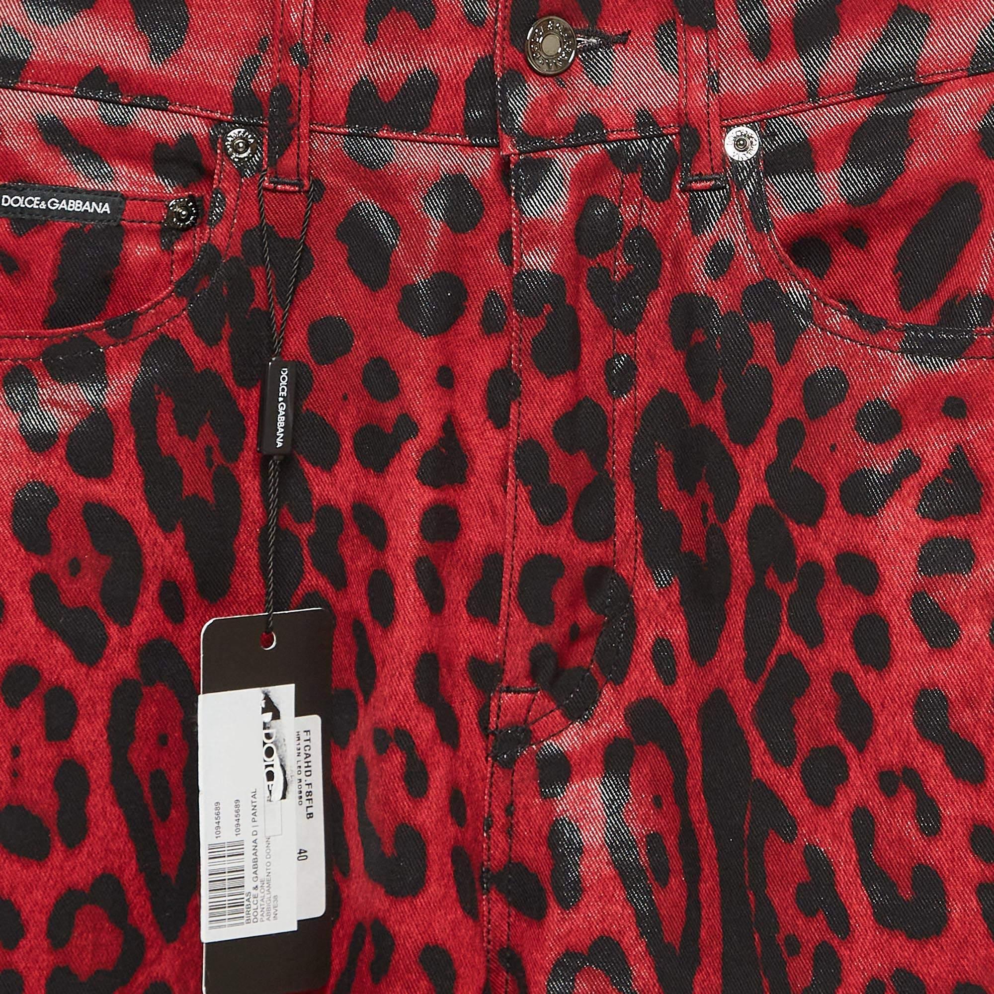 Brown Dolce & Gabbana Red Leopard Print Denim Skinny Jeans S Waist 26