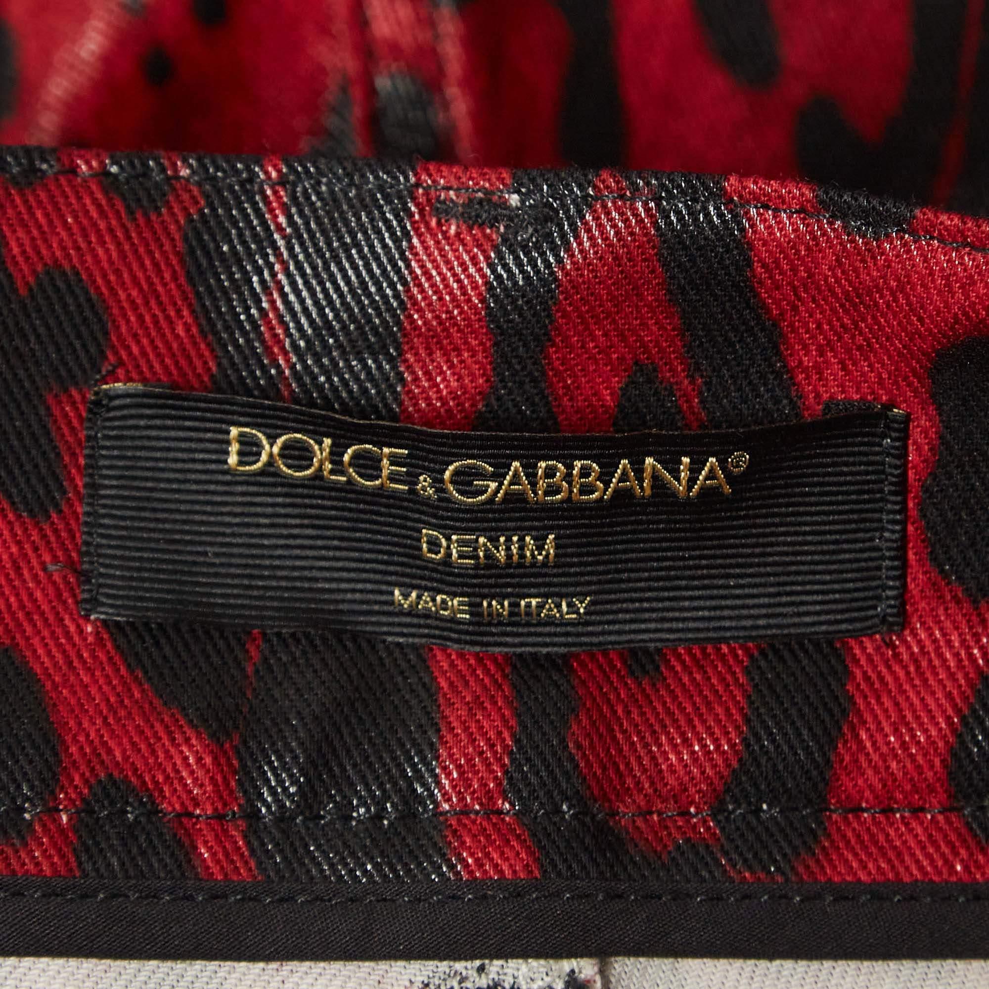 Dolce & Gabbana Red Leopard Print Denim Skinny Jeans S Waist 26