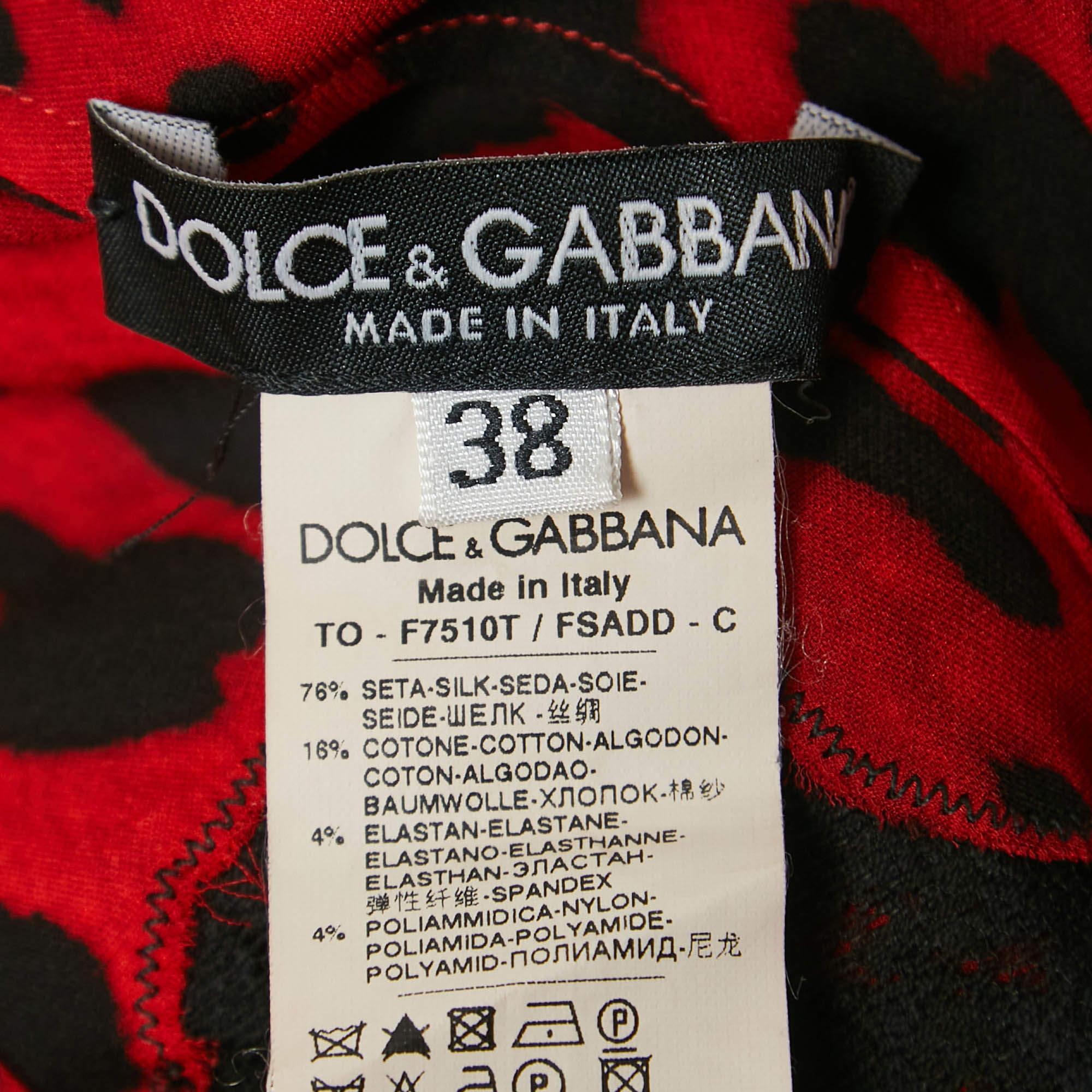 Women's Dolce & Gabbana Red Leopard Print Silk Lace Trimmed Top XS