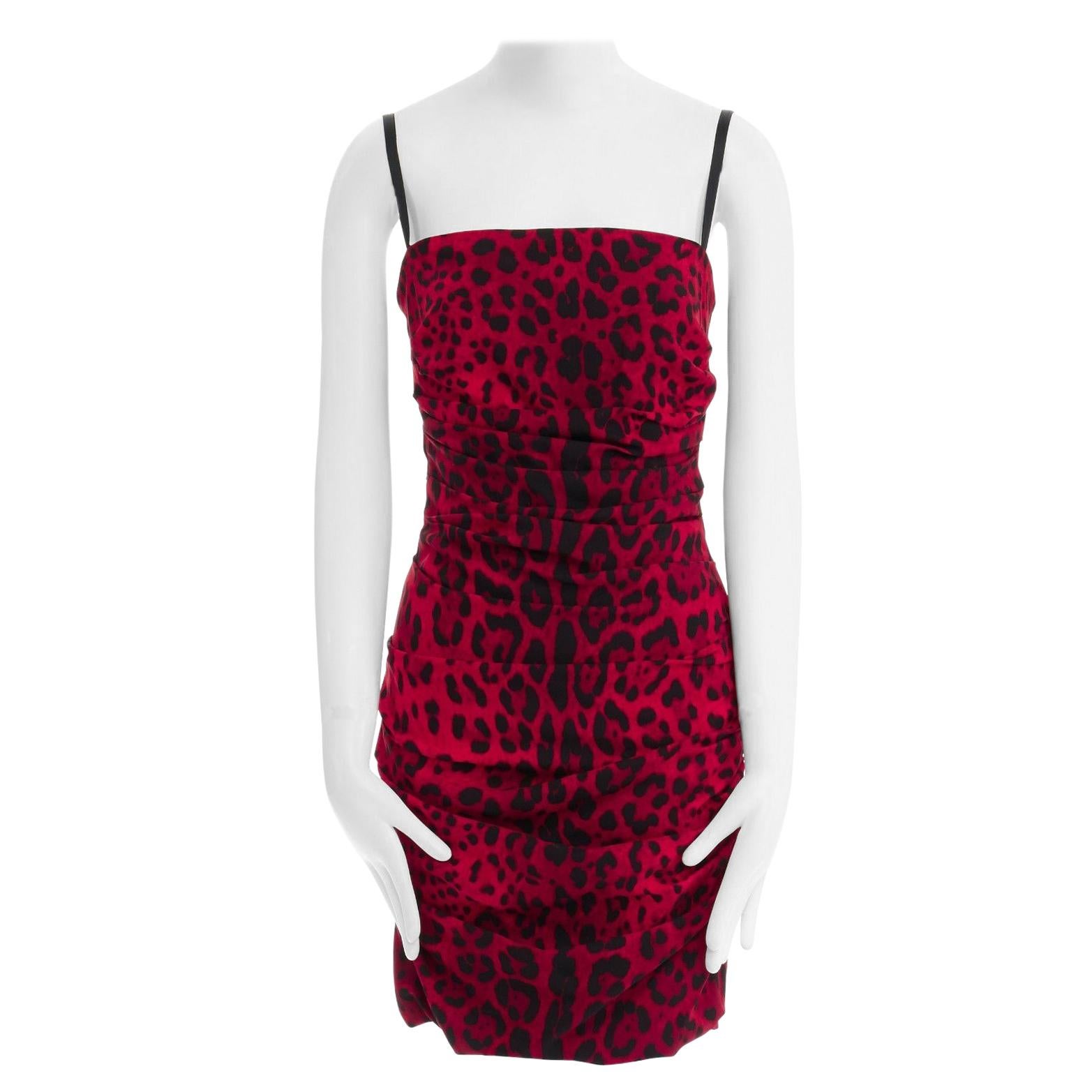 DOLCE GABBANA red leopard print silk ruched draped party dress IT40 S