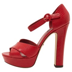 Dolce & Gabbana Red Lizard Embossed Leather Cross Strap Platform Sandals