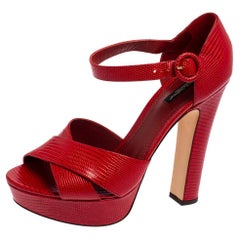 Dolce & Gabbana Red Lizard Embossed Leather Cross Strap Platform Sandals Size 41
