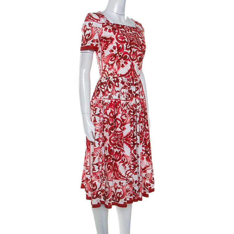 Brown Dolce & Gabbana Red Majolica Printed Cotton Pleated Midi Dress S