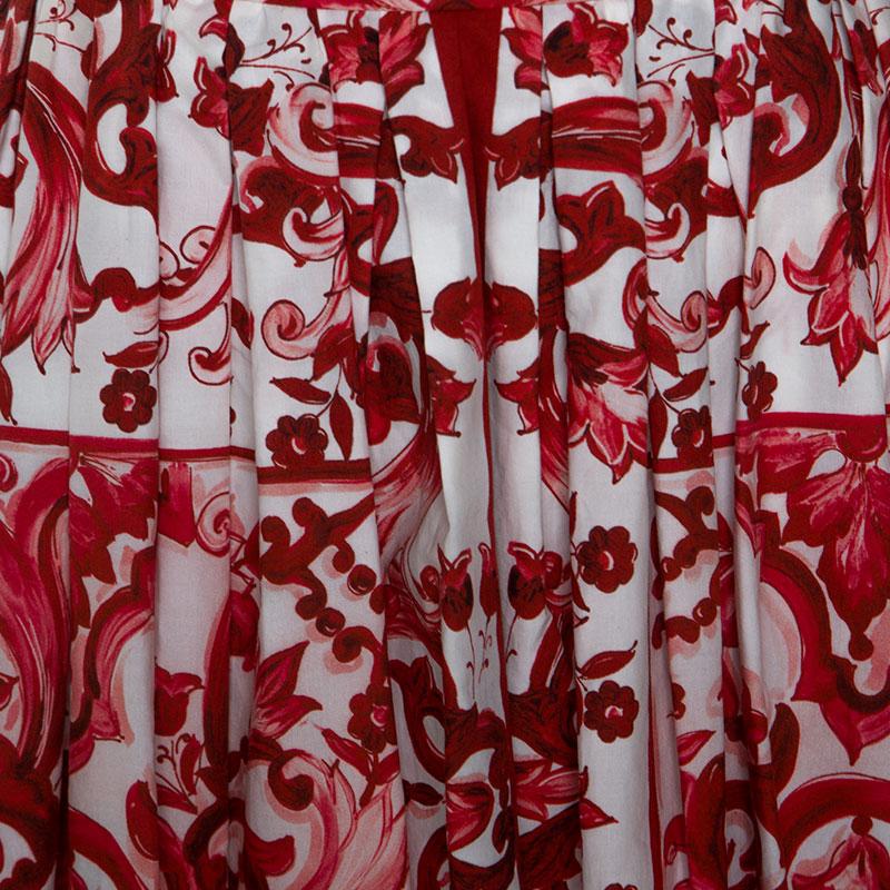 Women's Dolce & Gabbana Red Majolica Printed Cotton Pleated Midi Dress S