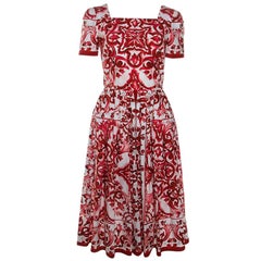 Dolce & Gabbana Red Majolica Printed Cotton Pleated Midi Dress S
