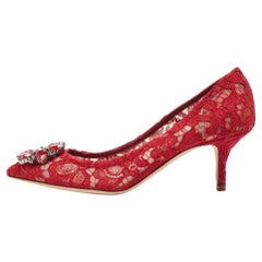 Dolce & Gabbana Red Mesh and Lace Crystal Embellished Belluci Pumps Size 37.5