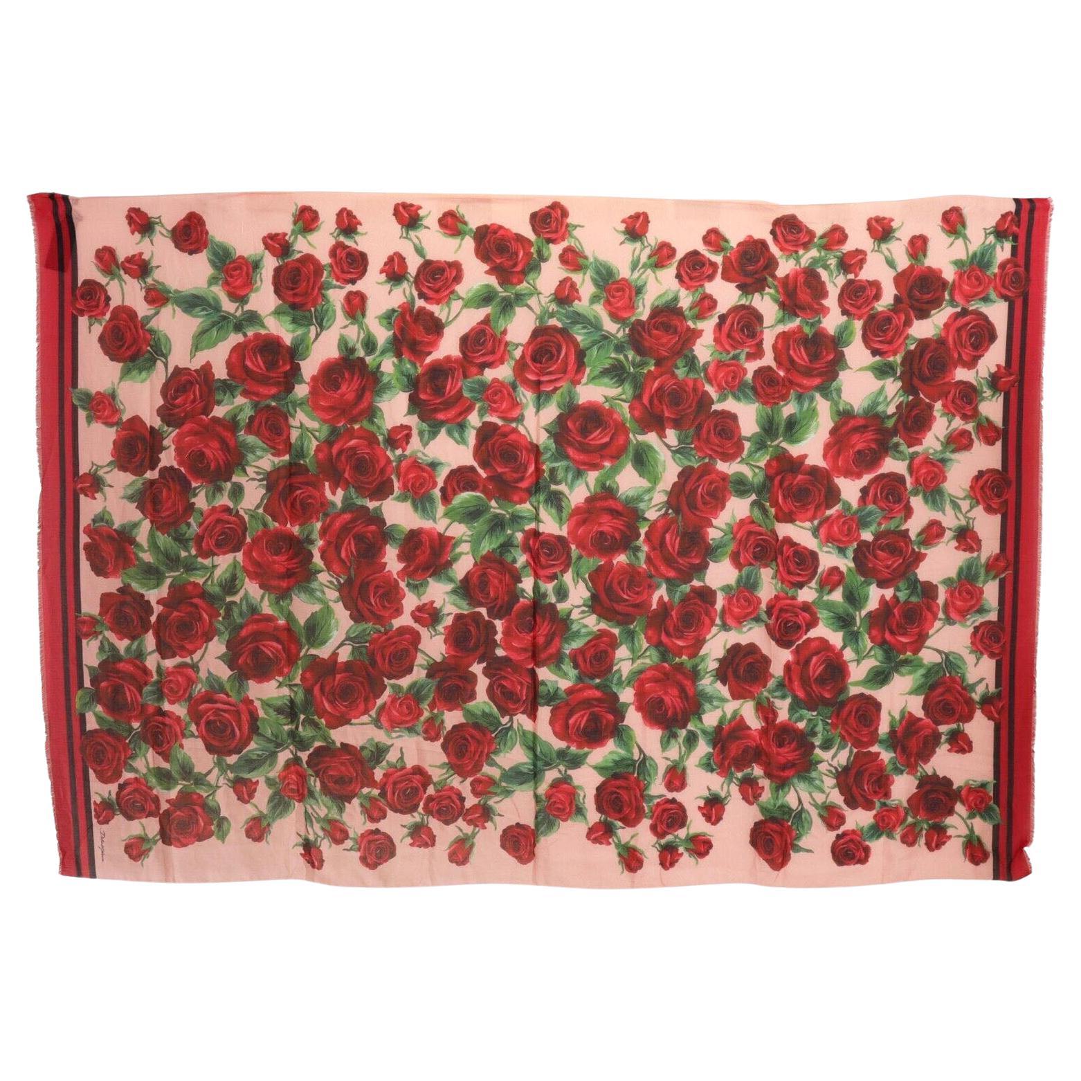 Dolce & Gabbana Red Modal Cashmere Roses Floral Scarf Wrap Cover Up Italy DG For Sale
