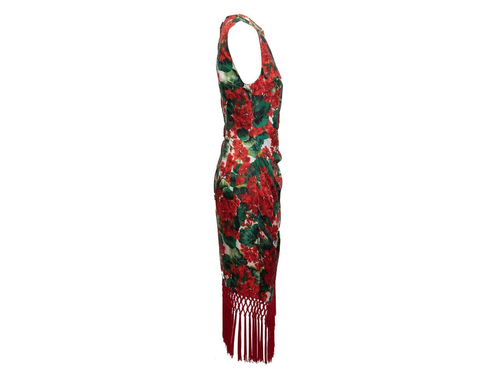 Women's Dolce & Gabbana Red & Multicolor Floral Print Silk Fringe-Trimmed Dress