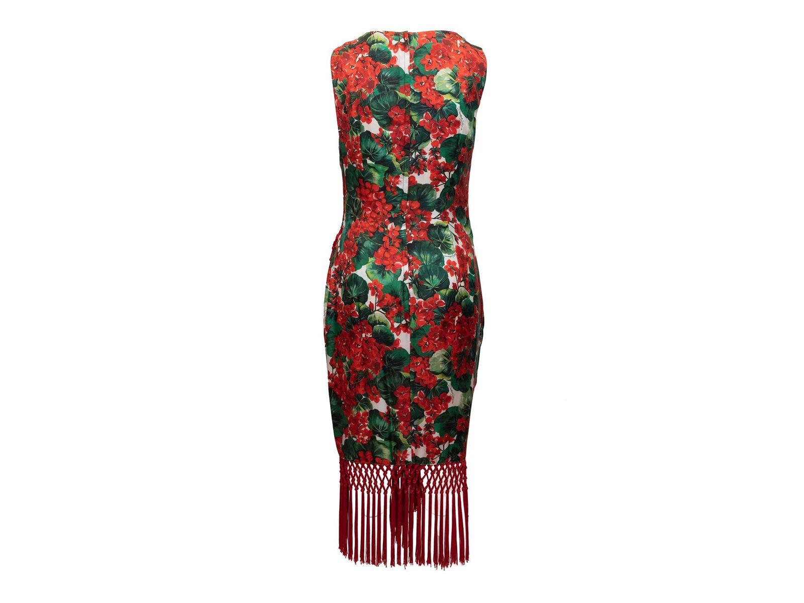 Dolce & Gabbana Red & Multicolor Floral Print Silk Fringe-Trimmed Dress 1