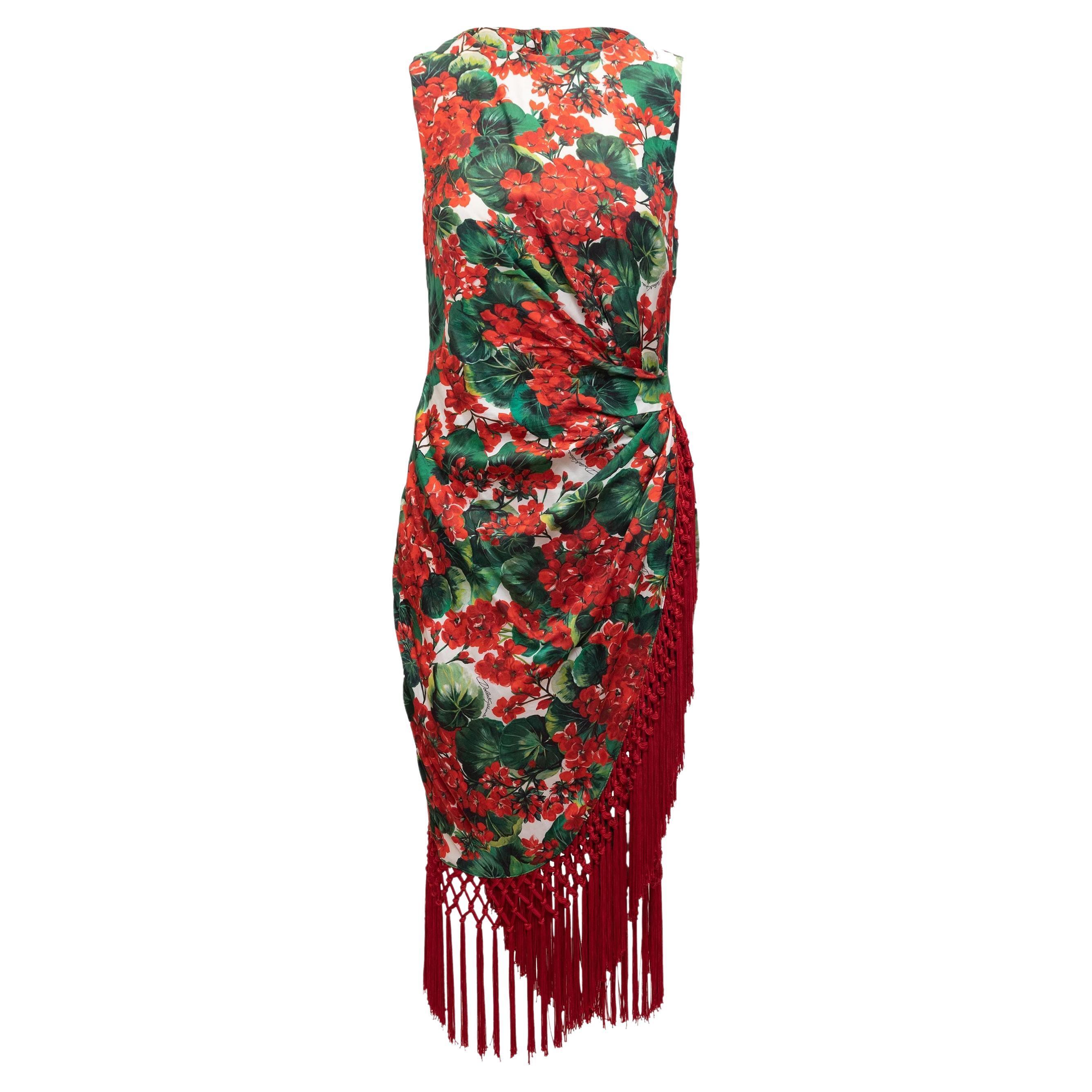 Dolce & Gabbana Red & Multicolor Floral Print Silk Fringe-Trimmed Dress