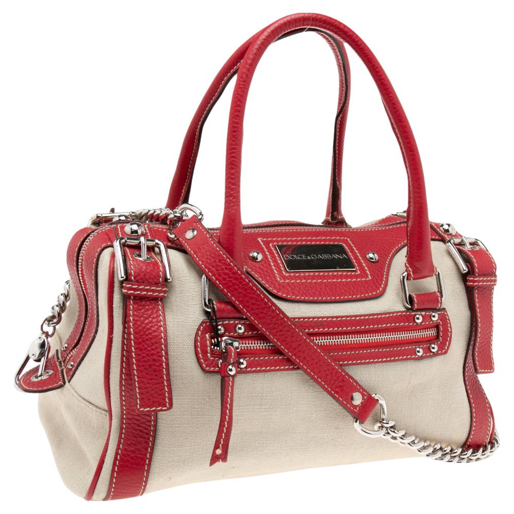 Dolce & Gabbana Red/Offwhite Leather And Canvas Miss Easy Way Boston Bag In Good Condition In Dubai, Al Qouz 2