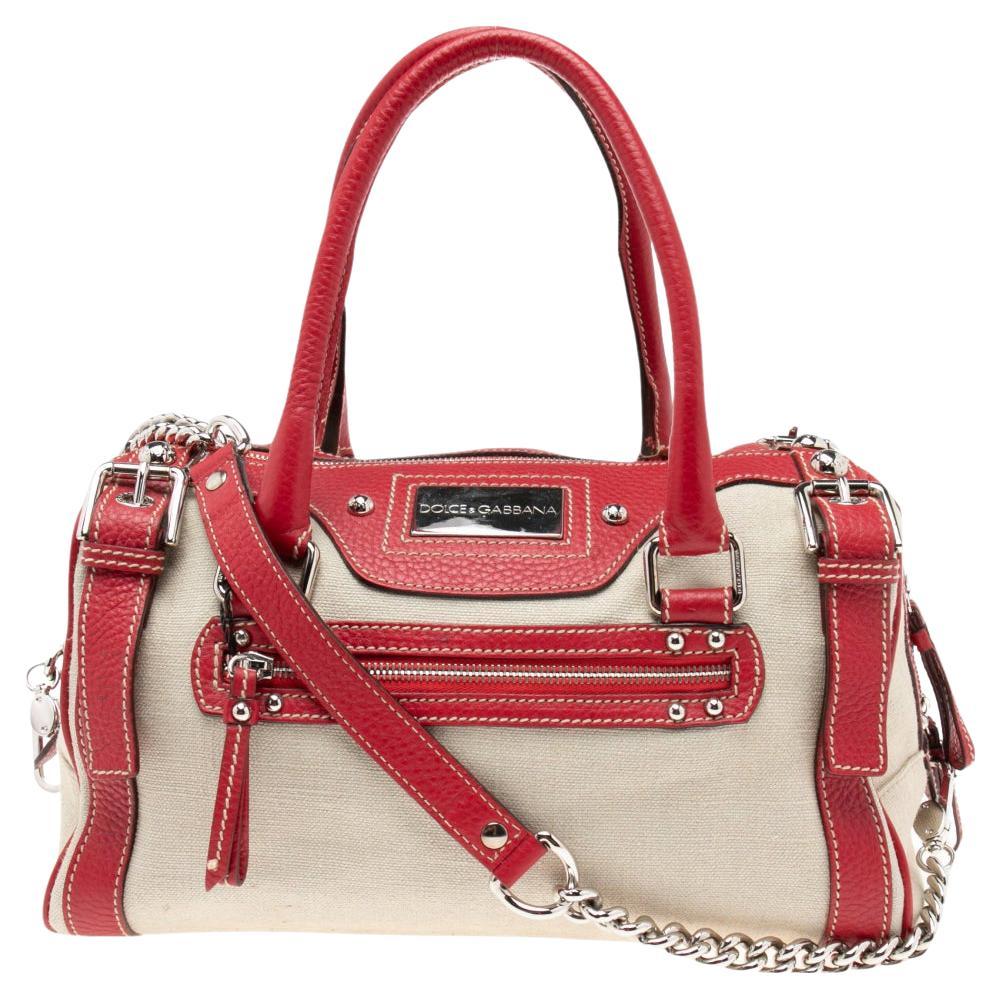 Dolce & Gabbana Red/Offwhite Leather And Canvas Miss Easy Way Boston Bag