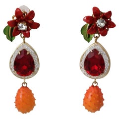 Dolce & Gabbana Red Orange Gold Brass Crystal Flower Clip-on Drop Earrings 