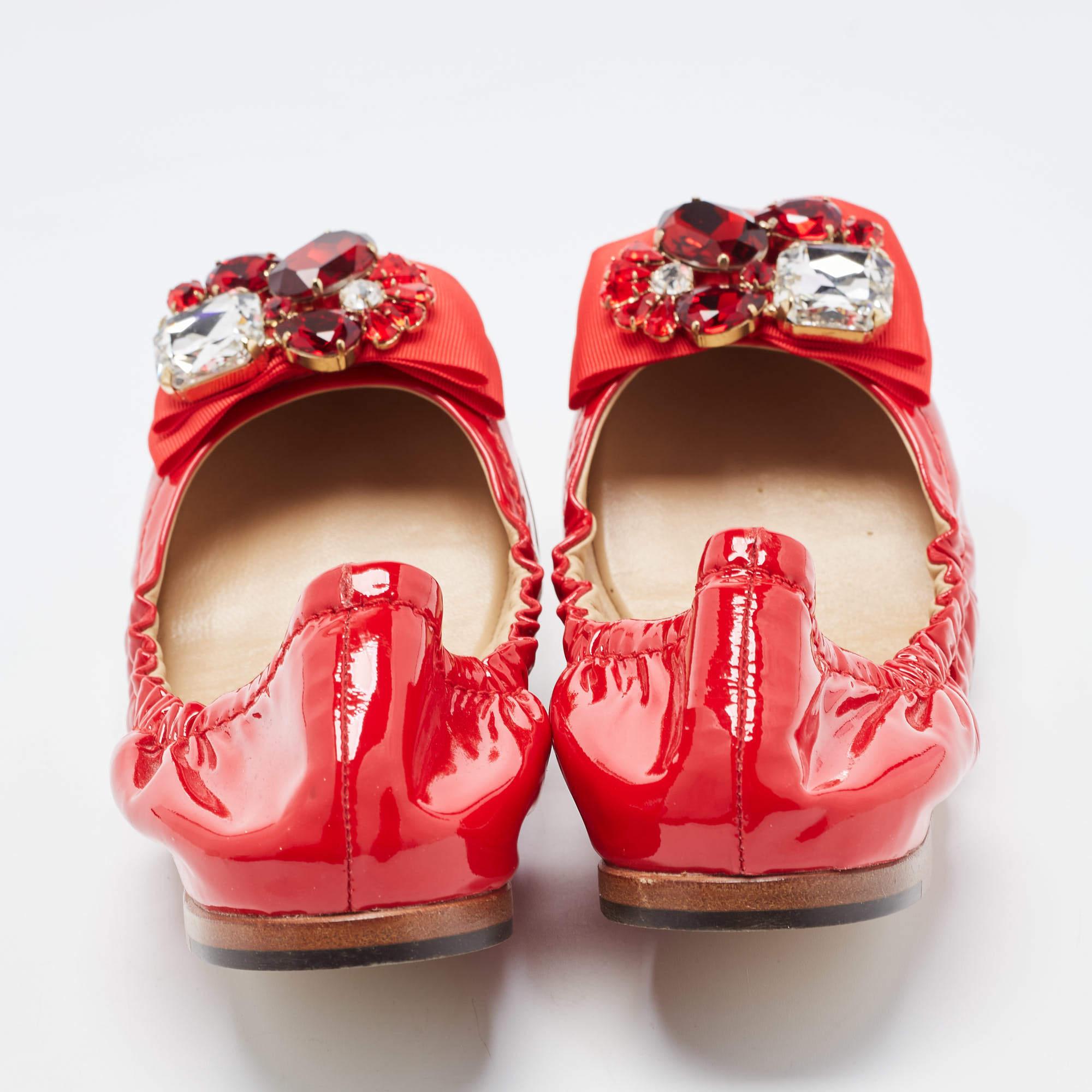 Women's Dolce & Gabbana Red Patent Leather Crystal Embellished Bow Scrunch Ballet Flats 